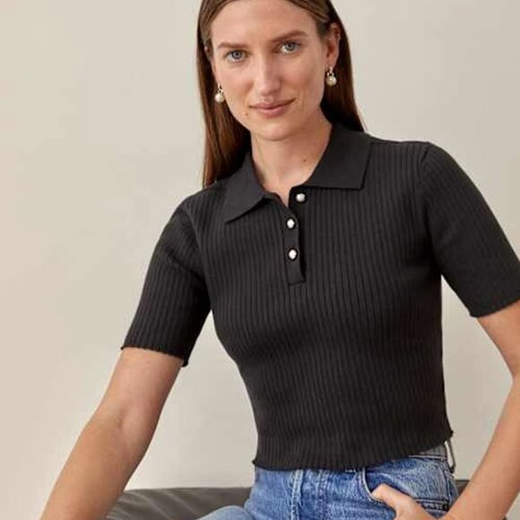 Reformation Sweaters - Reformation Crop Sweater Women's Size S Black Collared Organic Cotton Polo Top